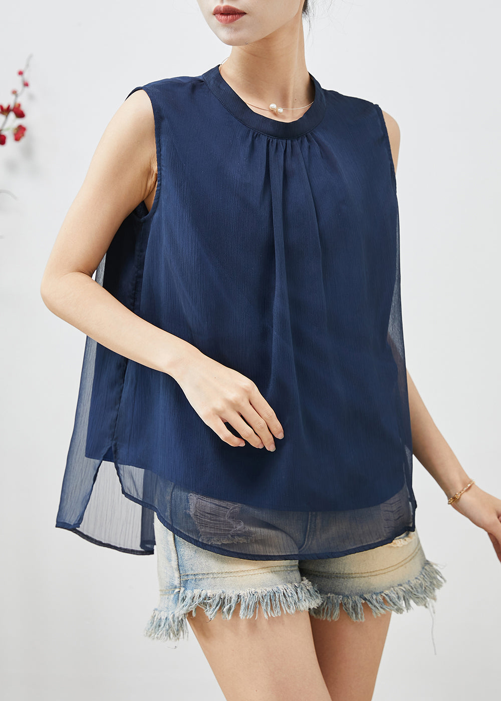 French Navy Stand Collar Chiffon Tanks Sleeveless