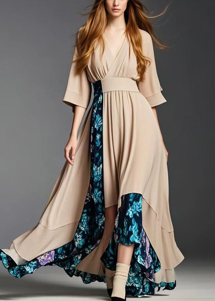 French Nude Asymmetrical Patchwork Chiffon Party Dress Summer