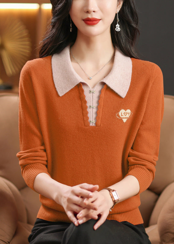 French Orange Peter Pan Collar Zircon Wool Knit Sweaters Winter