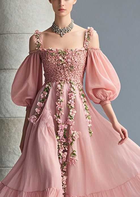 French Pink Cold Shoulder Three-dimensional Floral Chiffon Party Dress Puff Sleeve