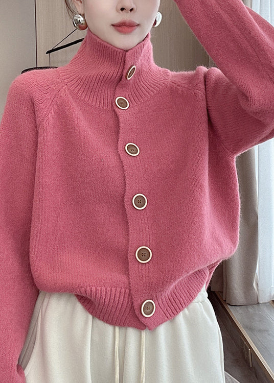 French Pink Hign Neck Button Knit Cardigan Spring