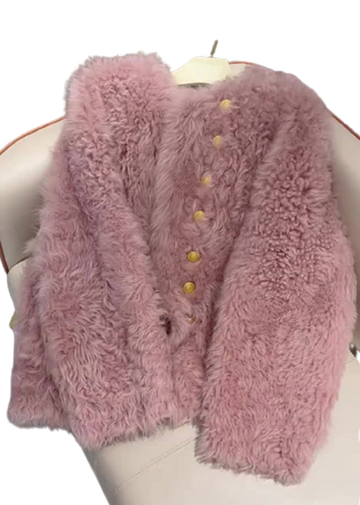 French Pink O-Neck Button Faux Fur Coats Spring