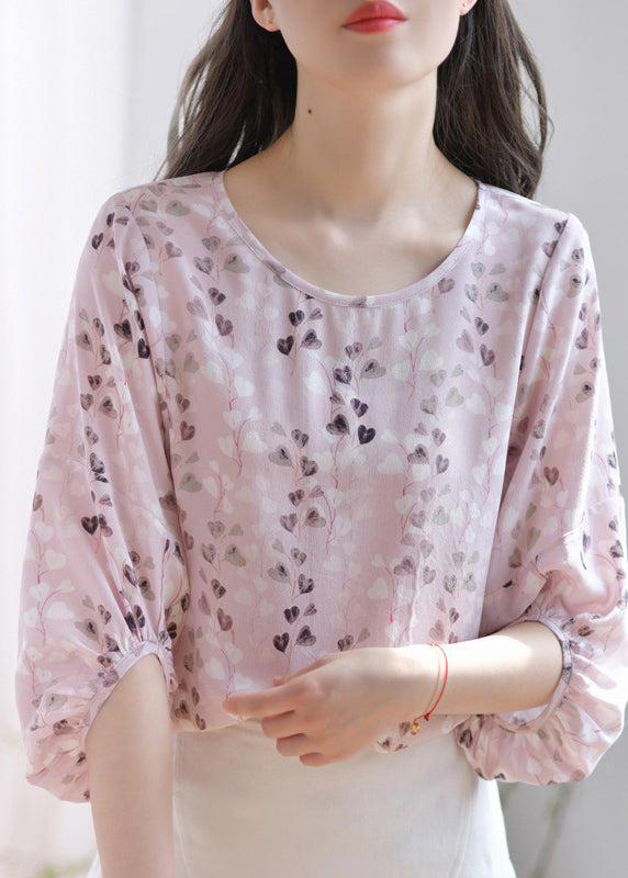 French Pink O Neck Print Silk Shirt Lantern Sleeve