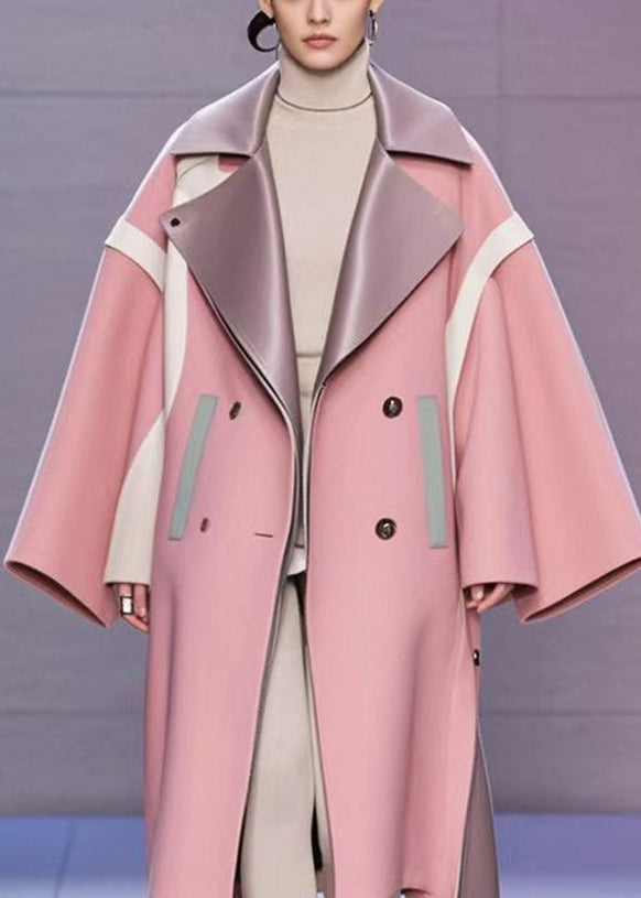 French Pink Oversized Patchwork Woolen Trench Fall