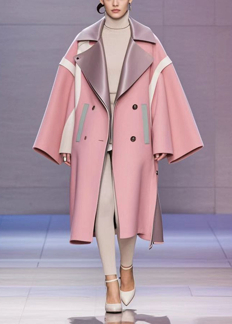 French Pink Oversized Patchwork Woolen Trench Fall