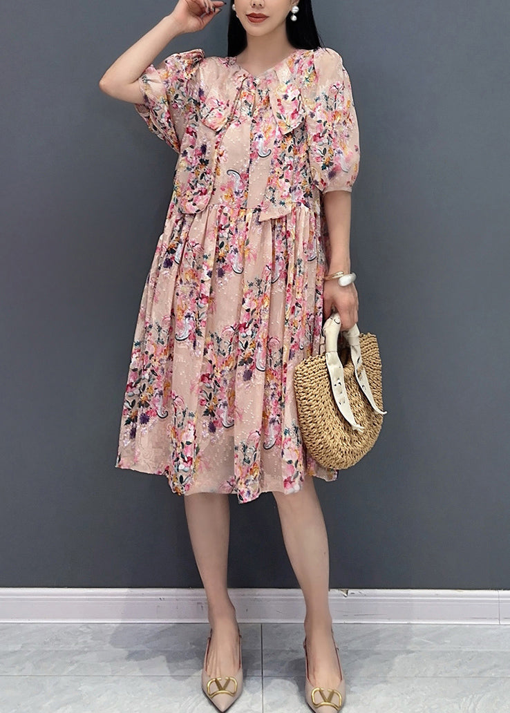 French Pink Print Fake Two Pieces Long Dress Summer