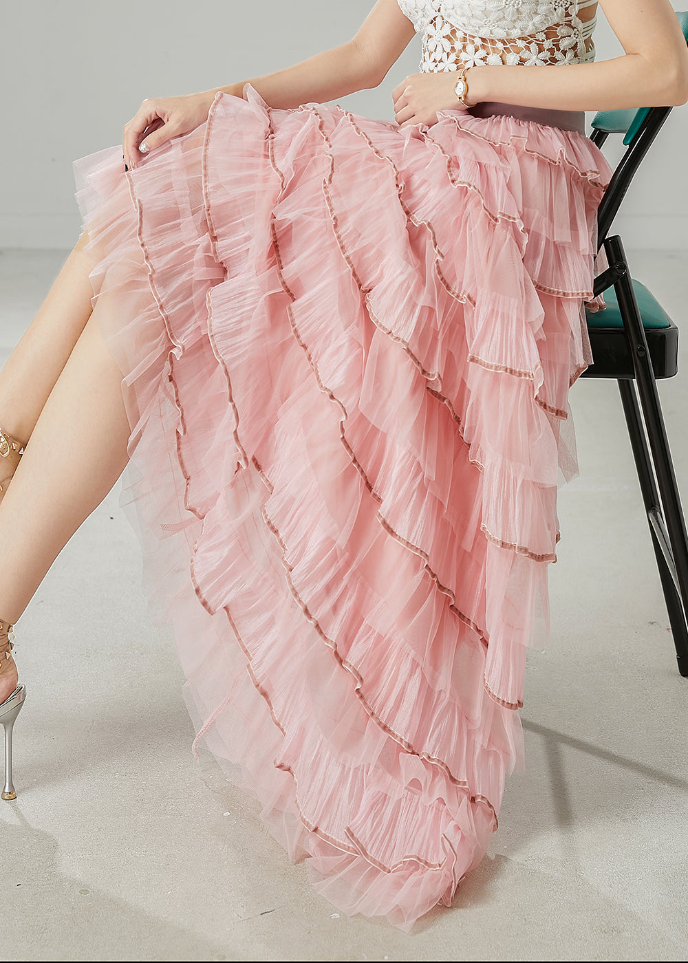 French Pink Ruffles Layered Tulle Vacation Skirt Spring