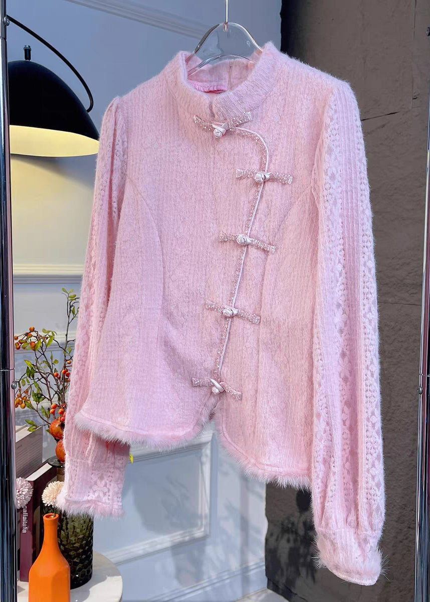 French Pink Stand Collar Button Solid Knit Shirt Spring