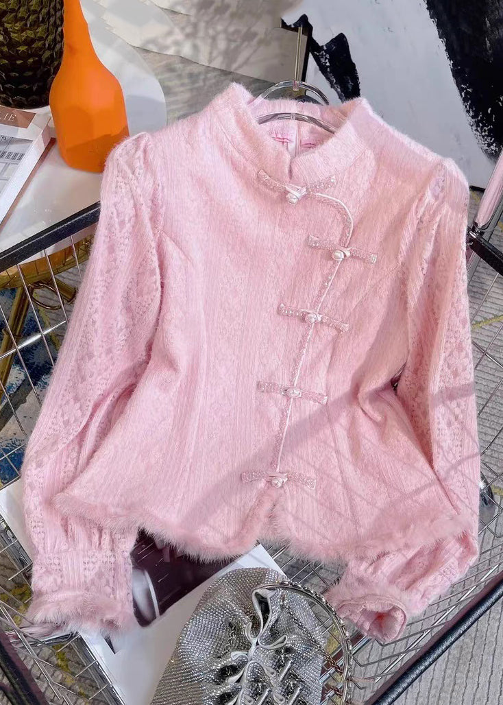 French Pink Stand Collar Button Solid Knit Shirt Spring