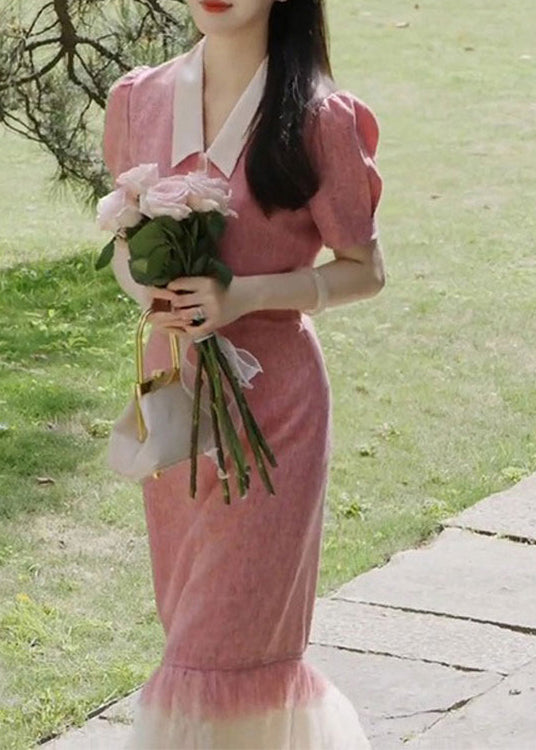 French Pink Tulle Patchwork Tops And Skirts Two Pieces Summer