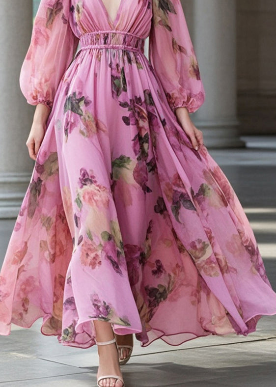 French Pink V Neck Cinched Print Chiffon Party Dresses Fall