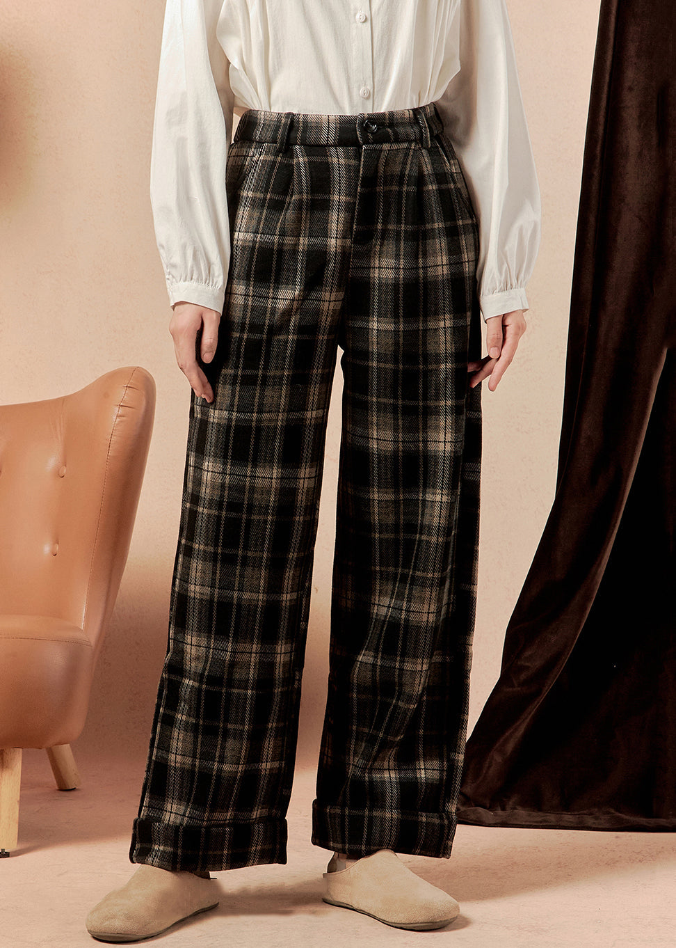 French Plaid Pockets High Waist Cotton Pants Spring