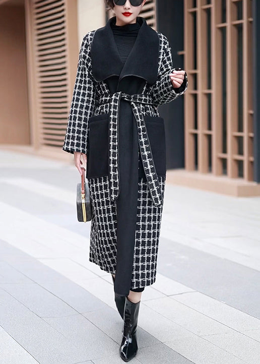 French Plaid Pockets Tie Waist Patchwork Woolen Coats Winter