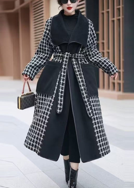 French Plaid Pockets Tie Waist Patchwork Woolen Coats Winter