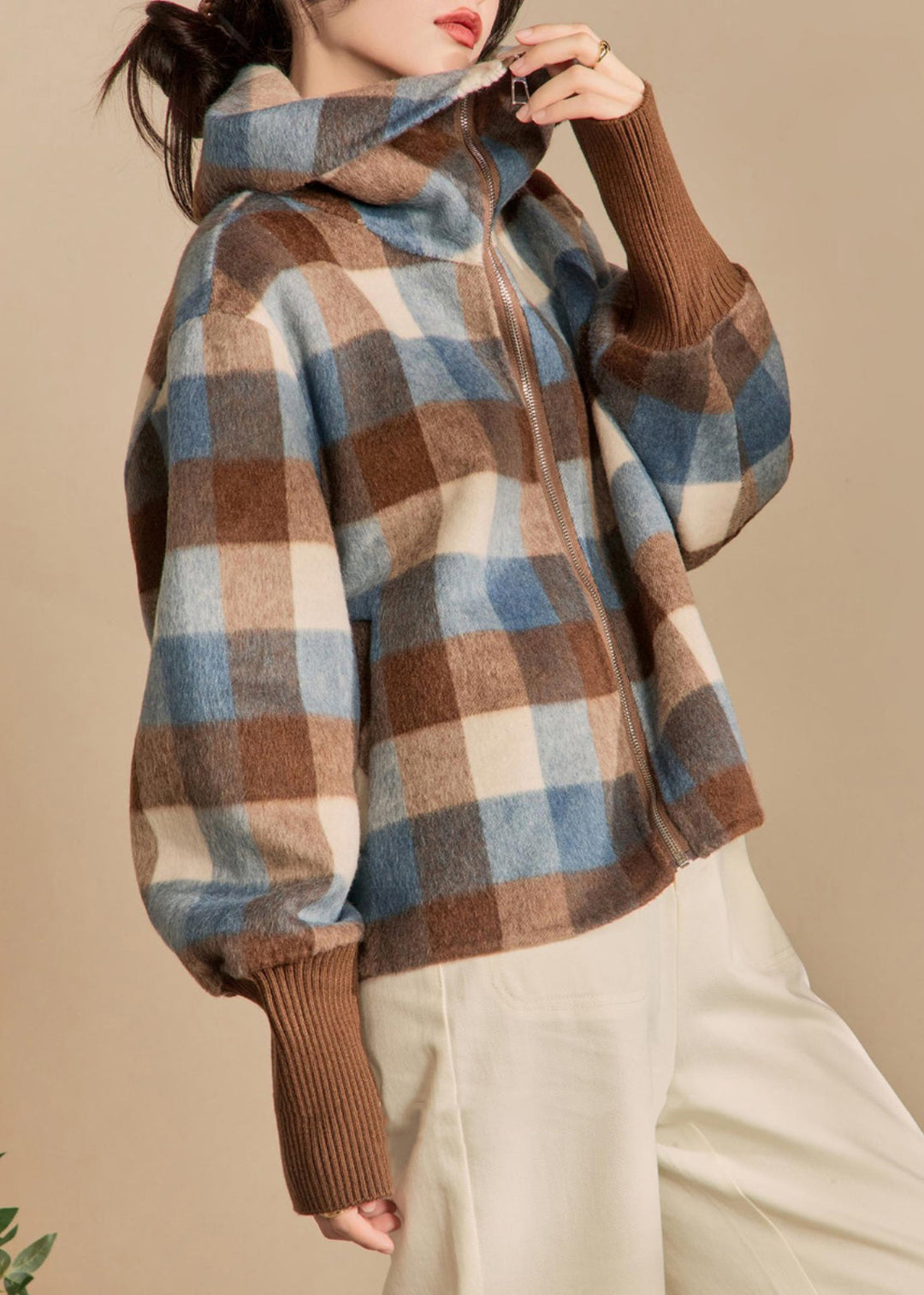 French Plaid Zip Up Patchwork Woolen Coats Winter