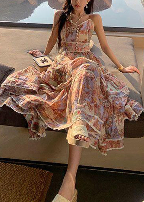 French Printed Patchwork Spaghetti Strap Long Dress Sleeveless