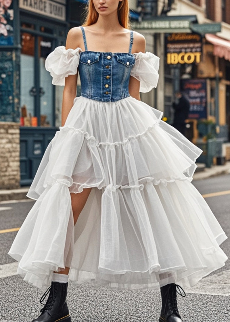 French Puff Sleeve Patchwork Denim Tulle Spaghetti Strap Dress Summer