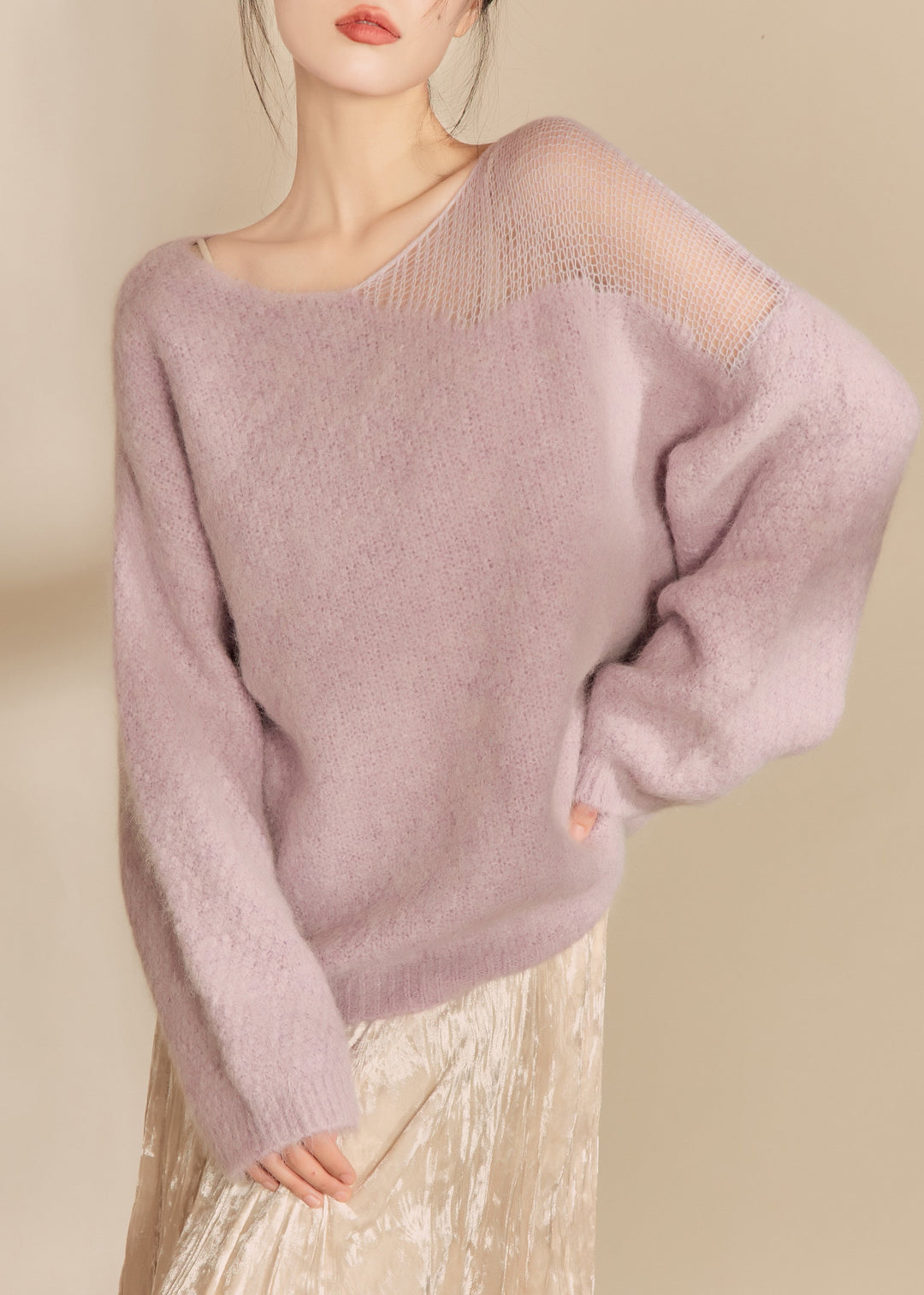 French Purple O Neck Hollow Out Woolen Sweater Tops Fall