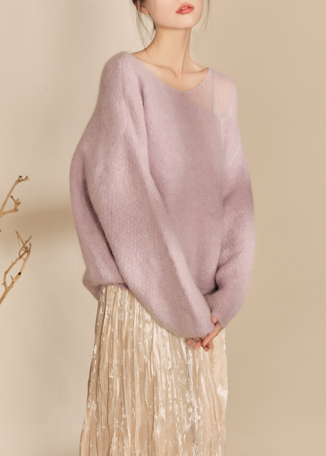 French Purple O Neck Hollow Out Woolen Sweater Tops Fall