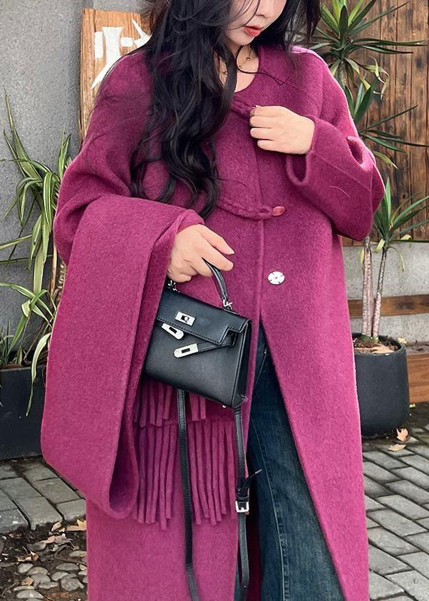 French Purple O Neck Oriental Button Woolen Coats Winter