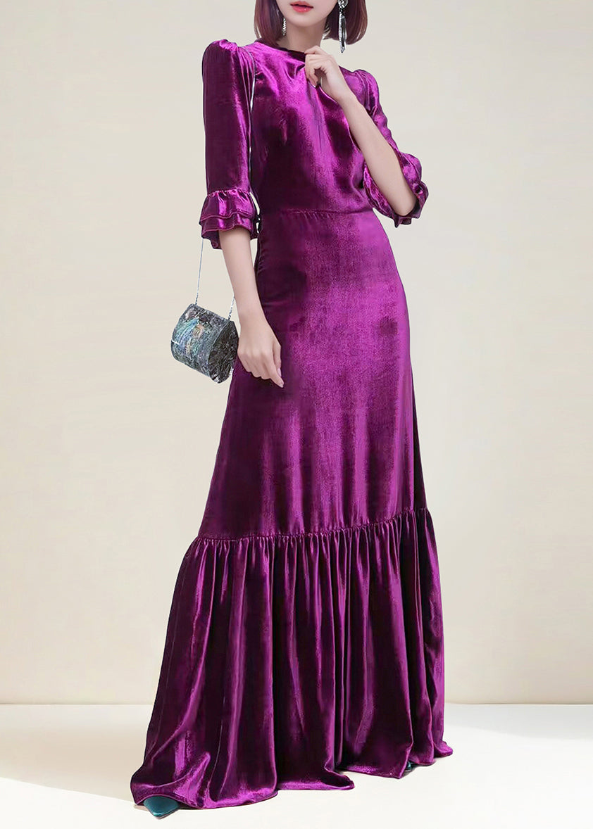 French Purple O Neck Ruffled Patchwork Silk Velvet Long Dresses Spring