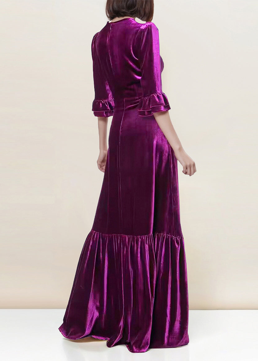 French Purple O Neck Ruffled Patchwork Silk Velvet Long Dresses Spring