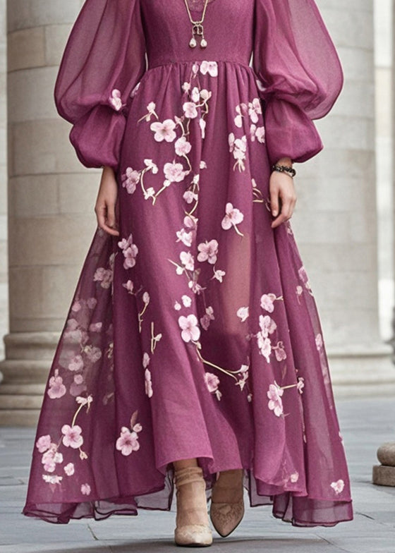 French Purple Print Exra Large Hem Chiffon Long Dress Fall