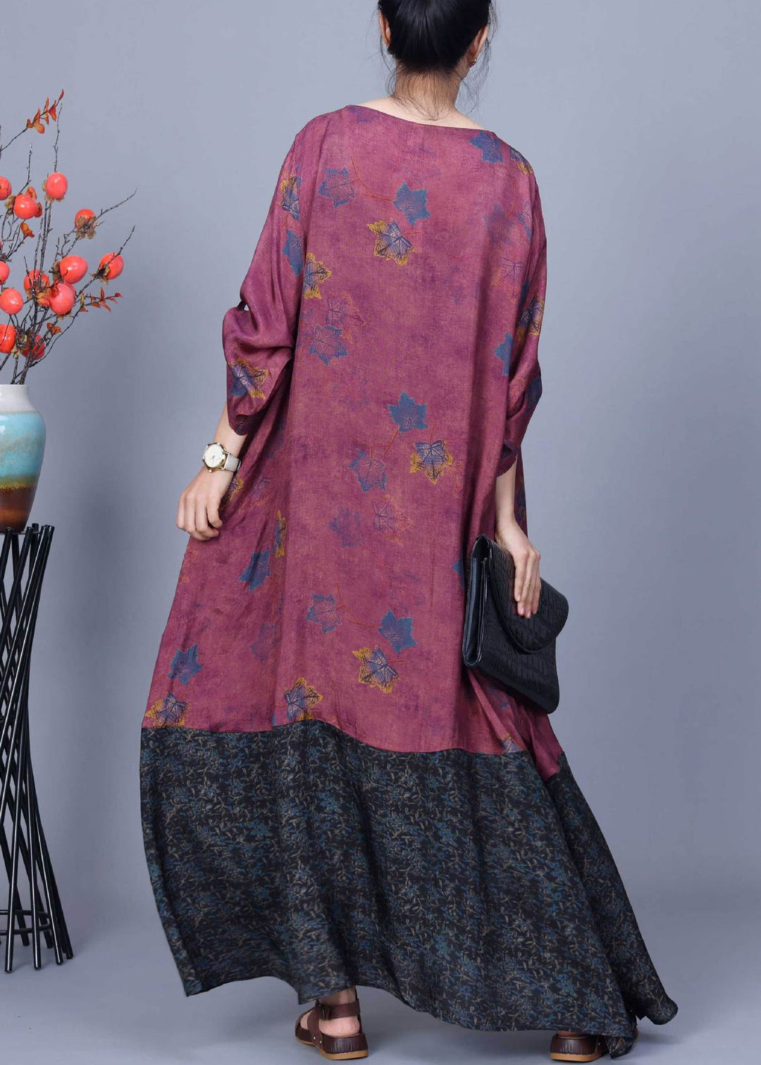 French Purple Red Print Pockets Patchwork Cotton Long Dresses Spring