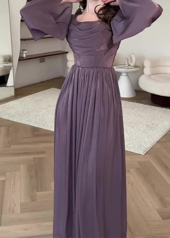 French Purple Square Collar Wrinkled Silk Long Dress Fall