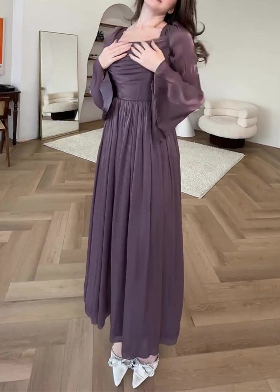 French Purple Square Collar Wrinkled Silk Long Dress Fall