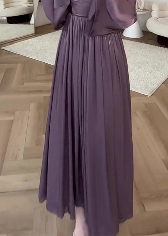 French Purple Square Collar Wrinkled Silk Long Dress Fall