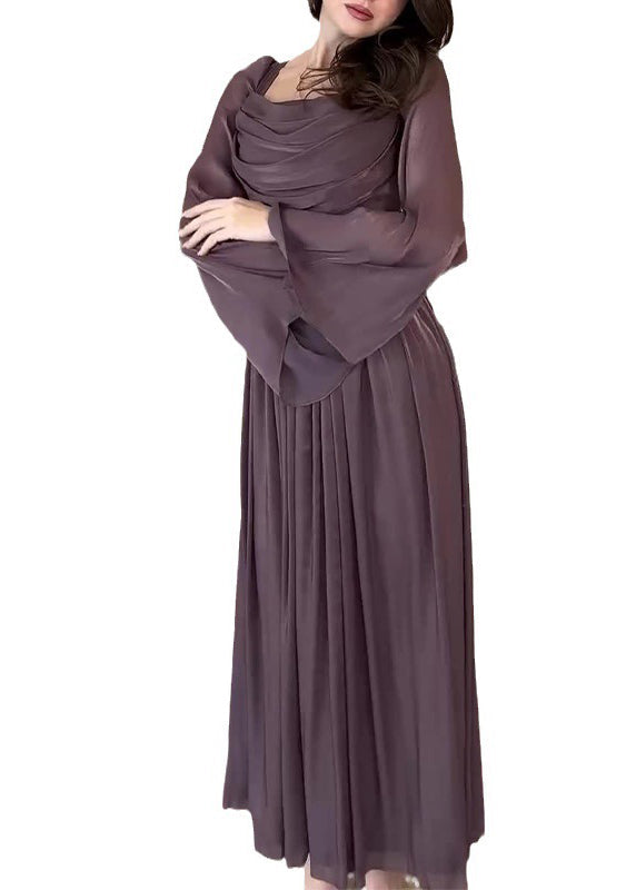 French Purple Square Collar Wrinkled Silk Long Dress Fall