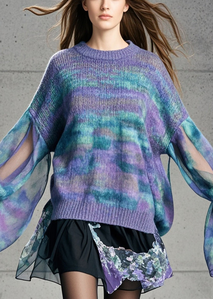 French Purple Tie Dye Patchwork Tulle Sweater Fall