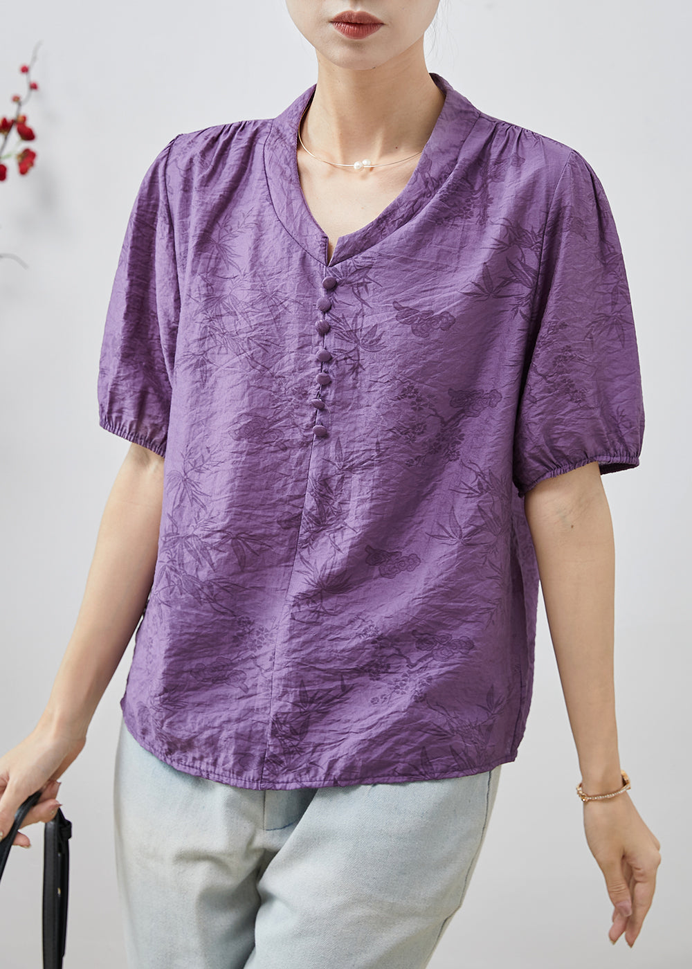 French Purple V Neck Print Cotton Shirts Summer