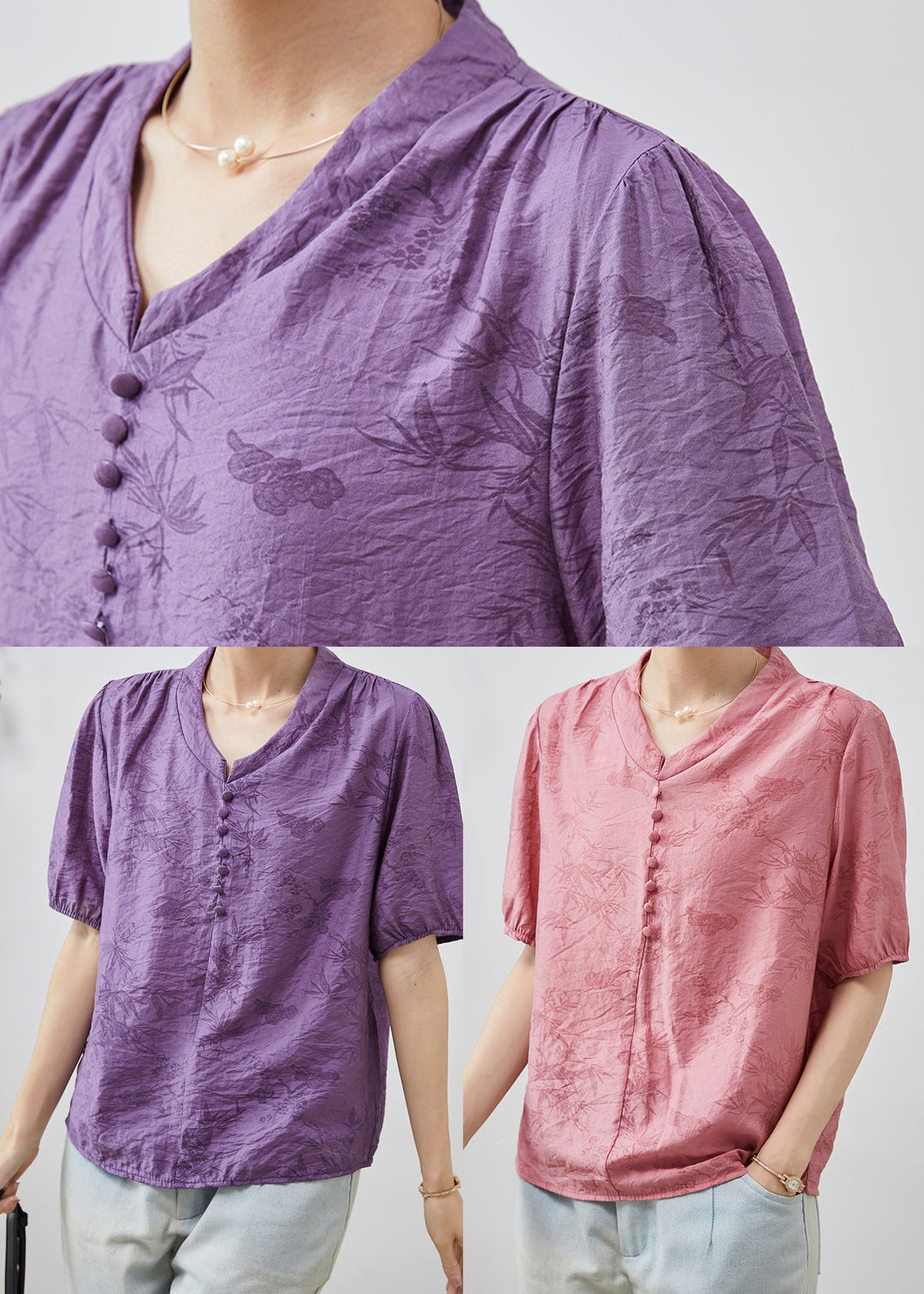 French Purple V Neck Print Cotton Shirts Summer