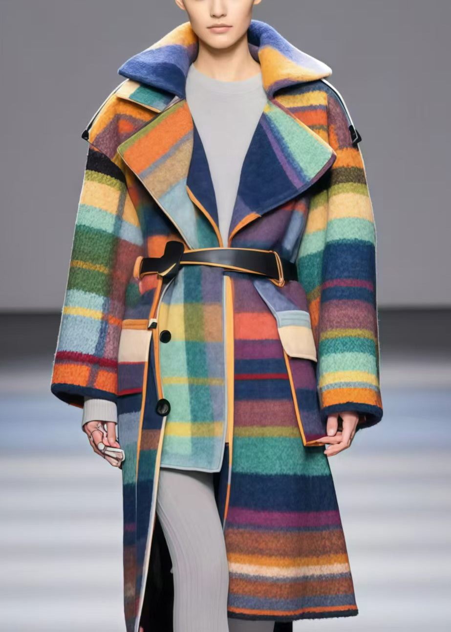 French Rainbow Asymmetrical Design Woolen Trench Fall