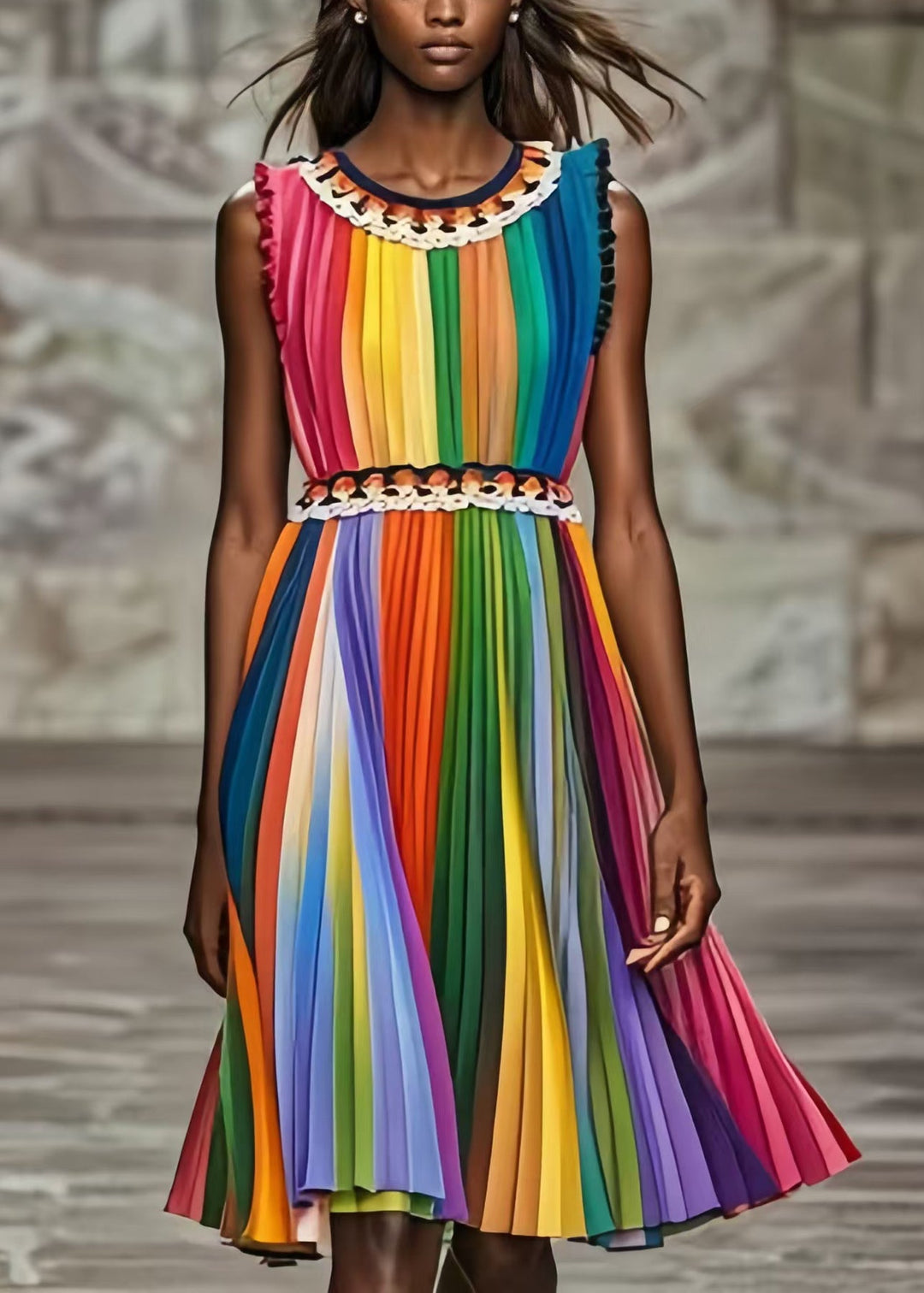 French Rainbow Cinched Striped Chiffon Pleated Dress Summer