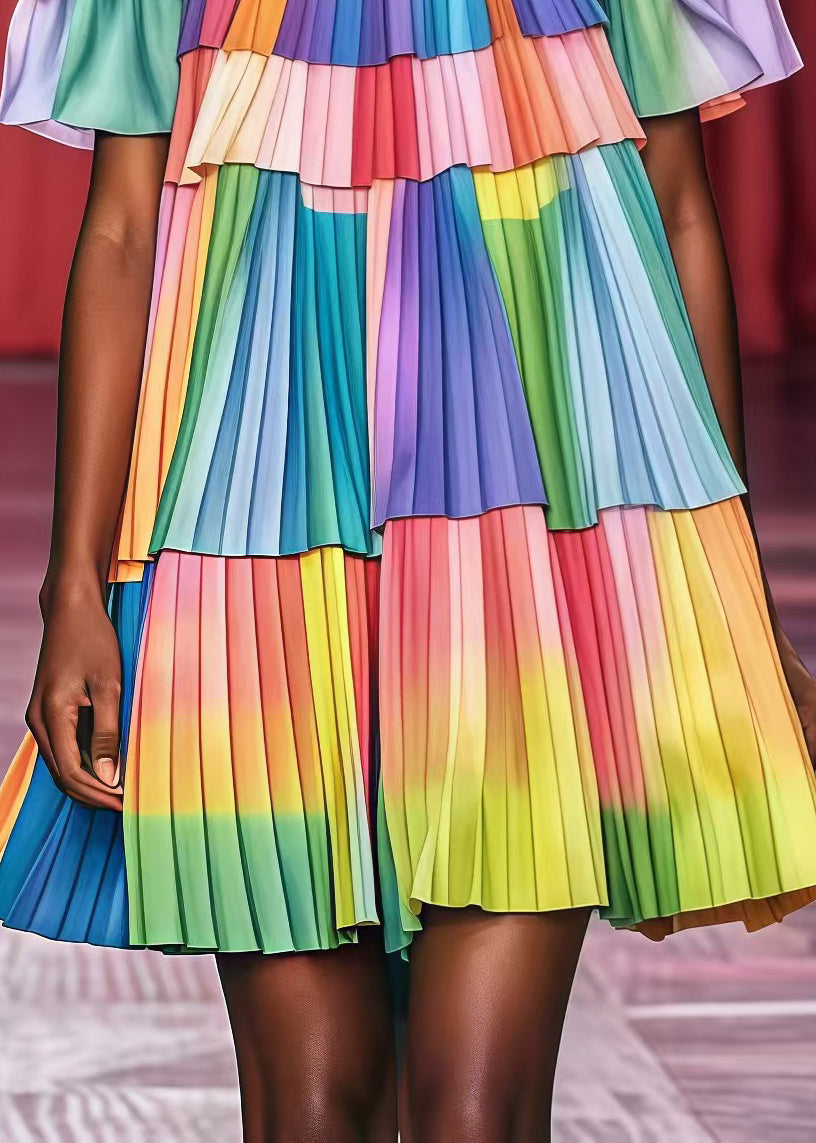 French Rainbow Cold Shoulder Chiffon Pleated Tea Dress Summer