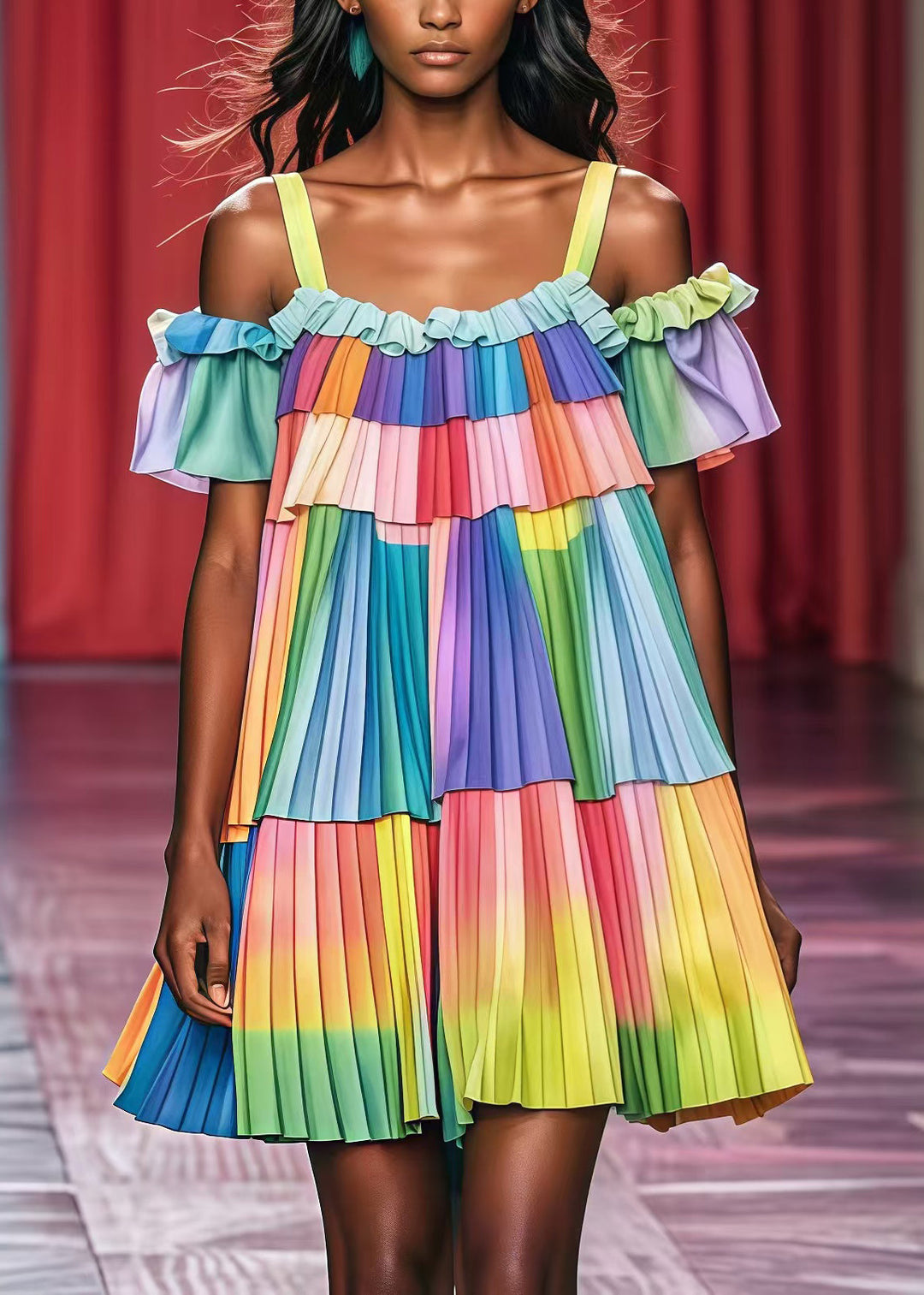 French Rainbow Cold Shoulder Chiffon Pleated Tea Dress Summer