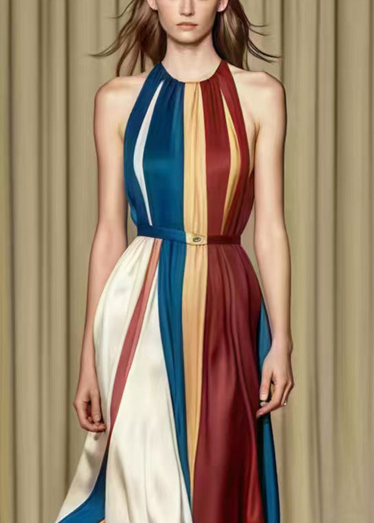 French Rainbow Cold Shoulder Patchwork Silk Vestidos Dresses Summer