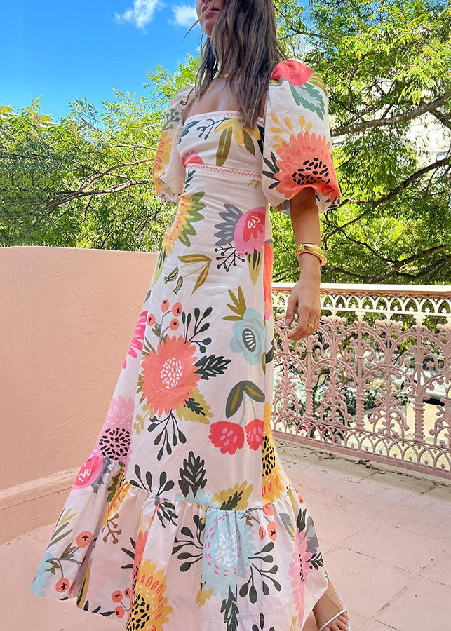 French Rainbow Square Collar Print Cotton Maxi Dresses Summer