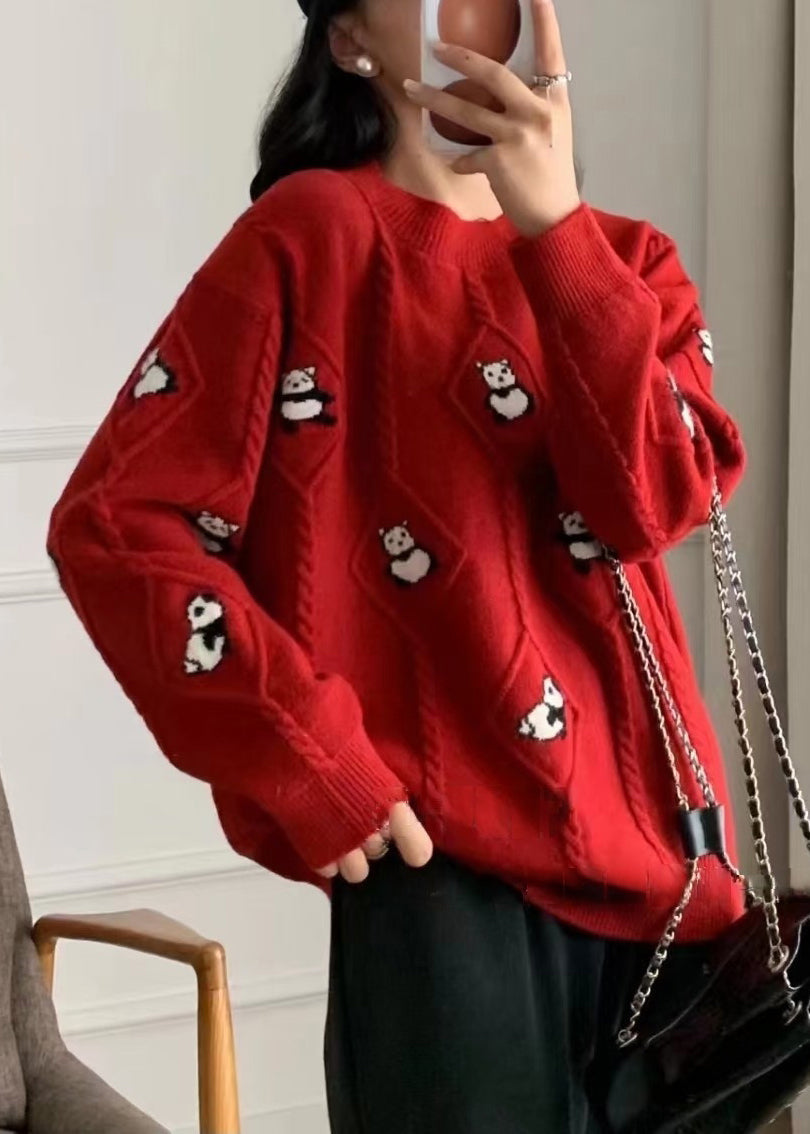 French Red Animal Cozy Knit Sweaters Fall