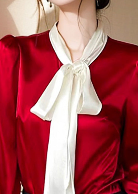 French Red Bow Patchwork Silk Shirt Spring