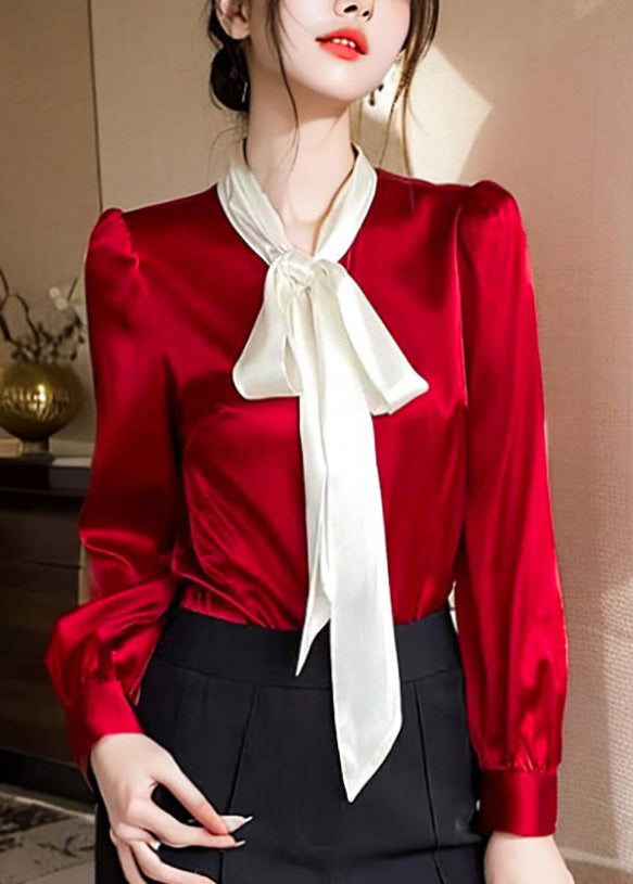 French Red Bow Patchwork Silk Shirt Spring