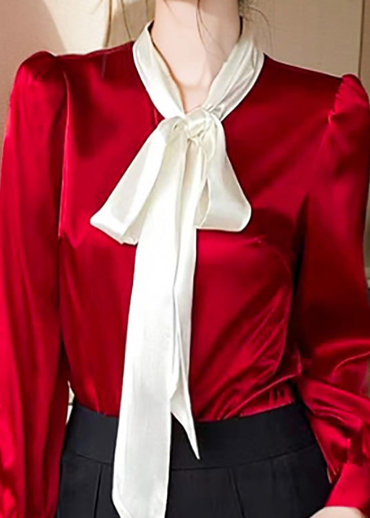 French Red Bow Patchwork Silk Shirt Spring