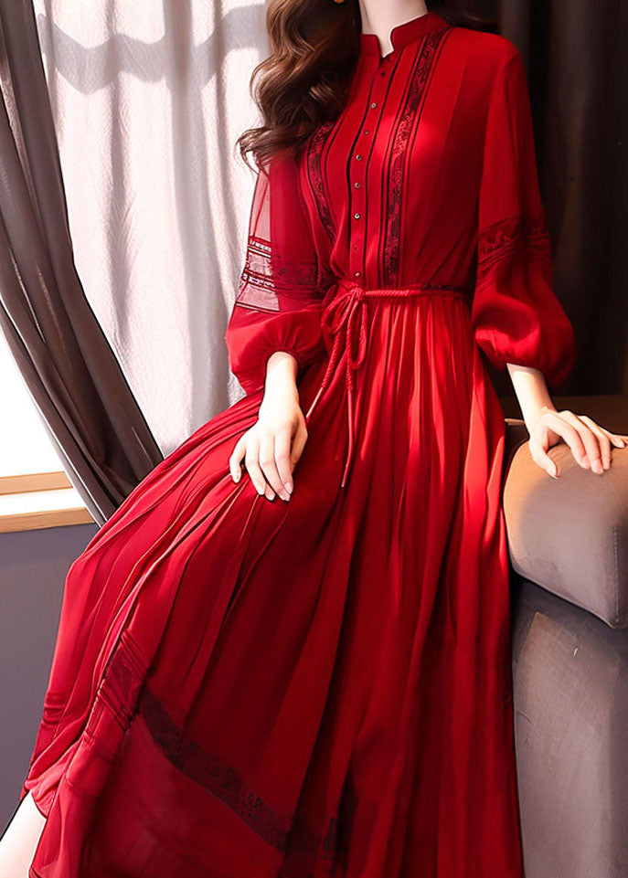 French Red Hollow Out Lace Up Long Dress Bracelet Sleeve