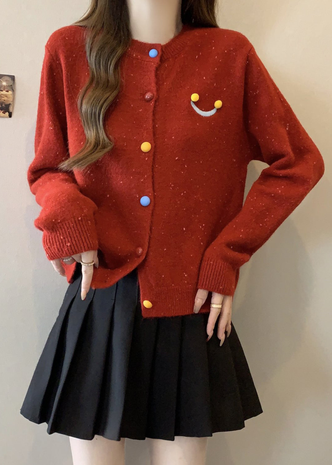 French Red O Neck Button Knit Cardigans Winter