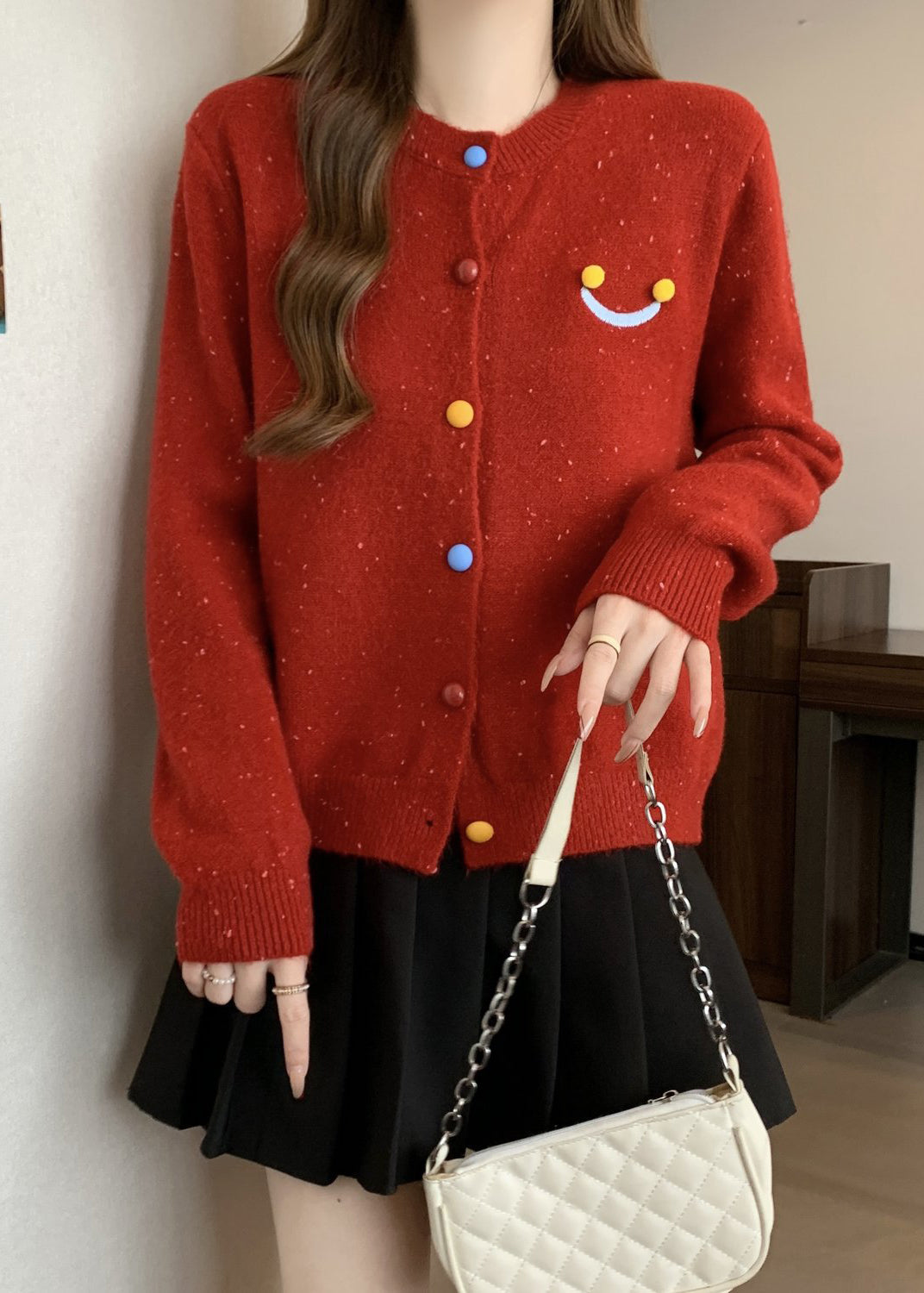 French Red O Neck Button Knit Cardigans Winter