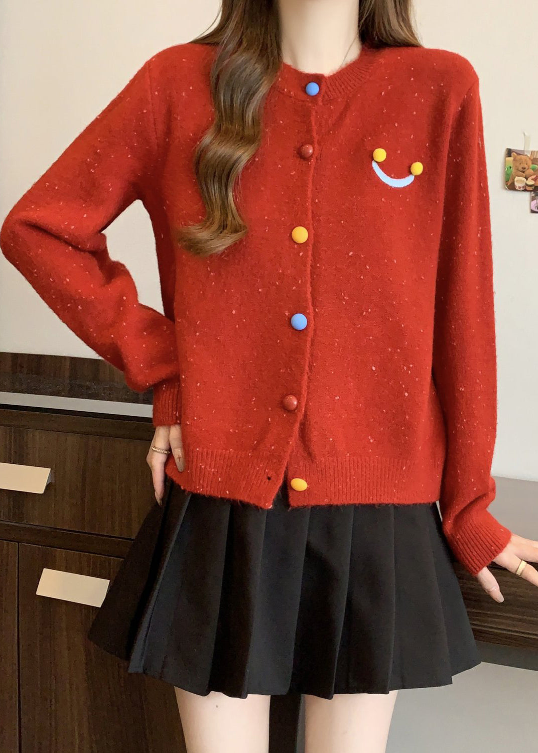 French Red O Neck Button Knit Cardigans Winter