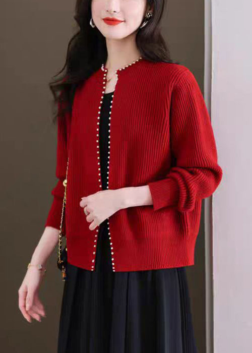 French Red O Neck Nail Bead Knit Cardigans Fall